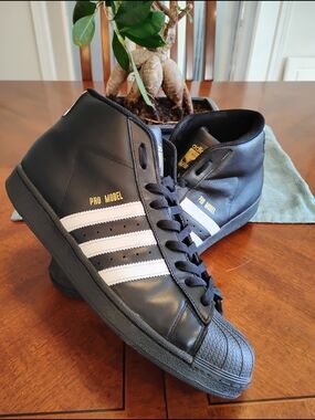 RARE Adidas Pro Model Mid Black White Gold Sz 12 Shell Toe High Top OG Clean